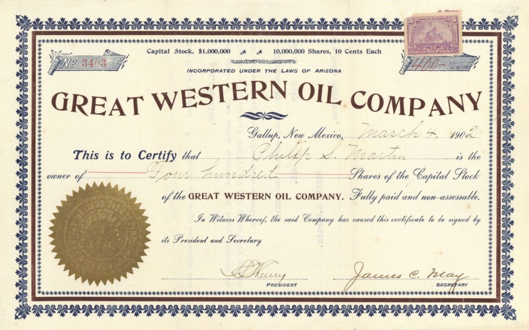 Great Western Oil Co. - 1902 dated Stock Certificate (Uncanceled)