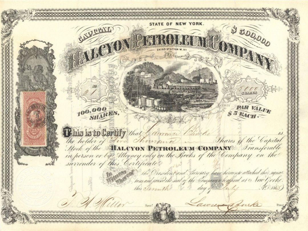 Halcyon Petroleum Co. - 1865 dated Stock Certificate (Uncanceled)