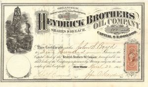 Heydrick Brothers Oil Co. - 1865 dated Stock Certificate (Uncanceled)