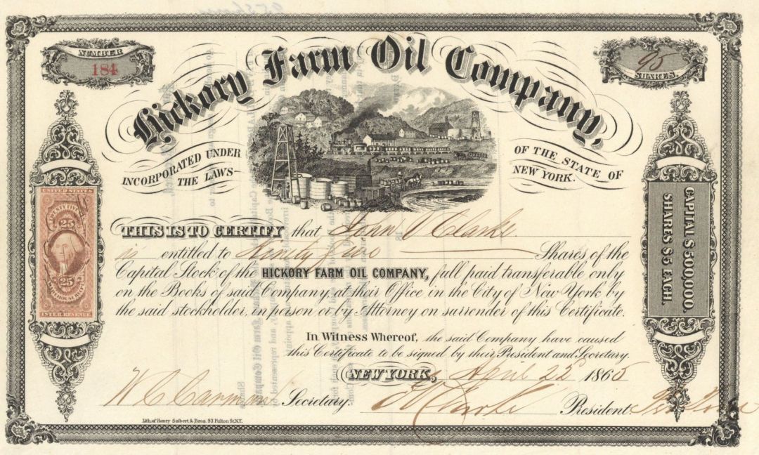 Hickory Farm Oil Co. - 1865 dated Stock Certificate (Uncanceled)