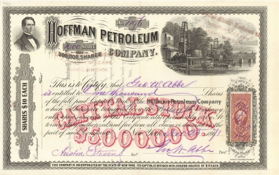 Hoffman Petroleum Co. - 1871 dated Stock Certificate (Uncanceled)