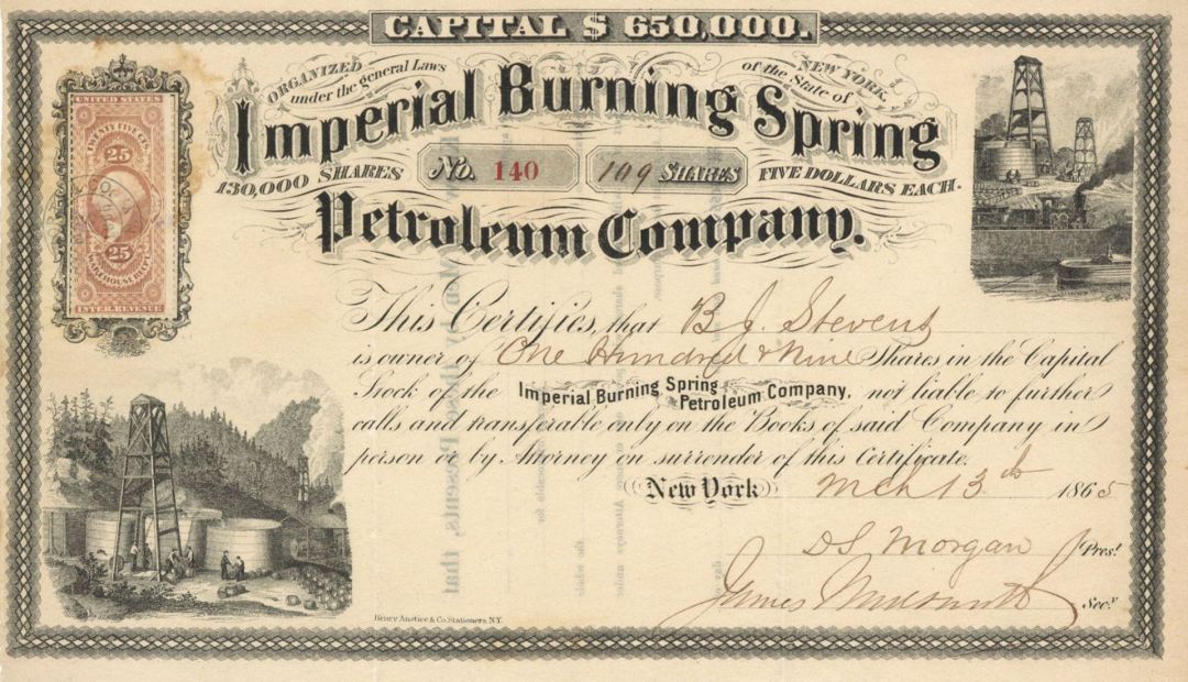 Imperial Burning Spring Petroleum Co. - 1865 dated Stock Certificate (Uncanceled)