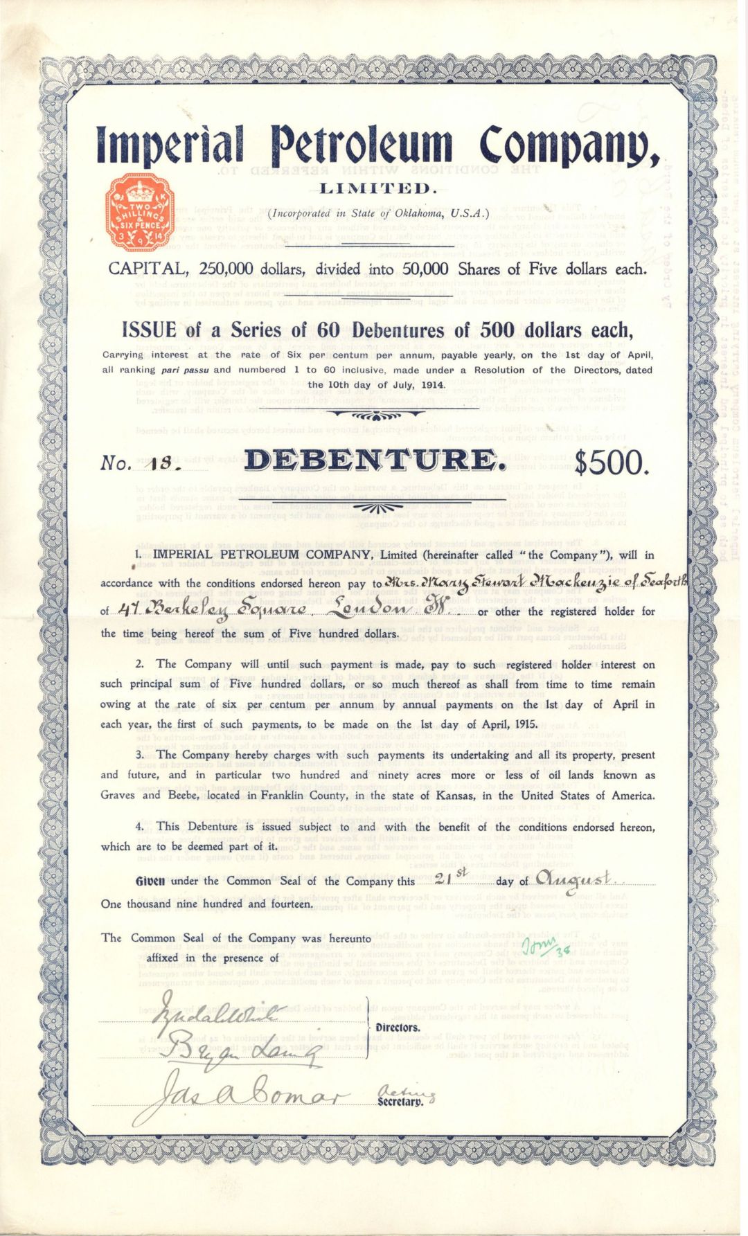 Imperial Petroleum Co. - $500 1914 dated Bond