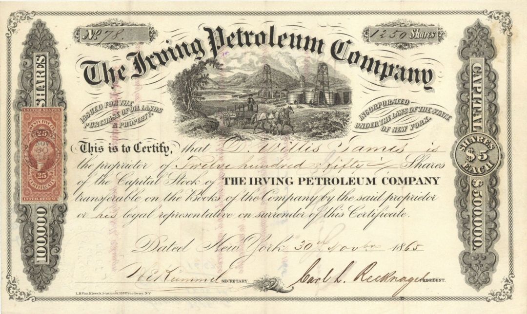 Irving Petroleum Co. - 1865 dated Stock Certificate (Uncanceled)