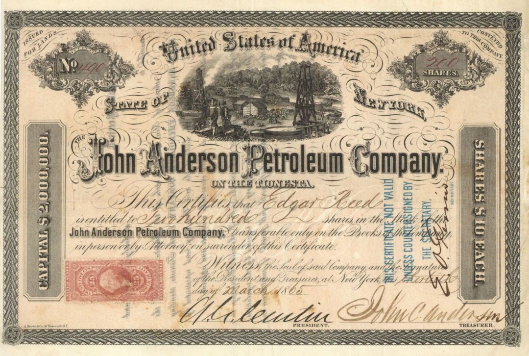 John Anderson Petroleum Co. - 1865 dated Stock Certificate (Uncanceled)