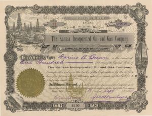 Kansas Incorporated Oil and Gas Co. - 1917 dated Stock Certificate (Uncanceled)