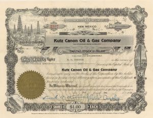 Kutz Canon Oil and Gas Co. - 1929-1932 dated Stock Certificate (Uncanceled)