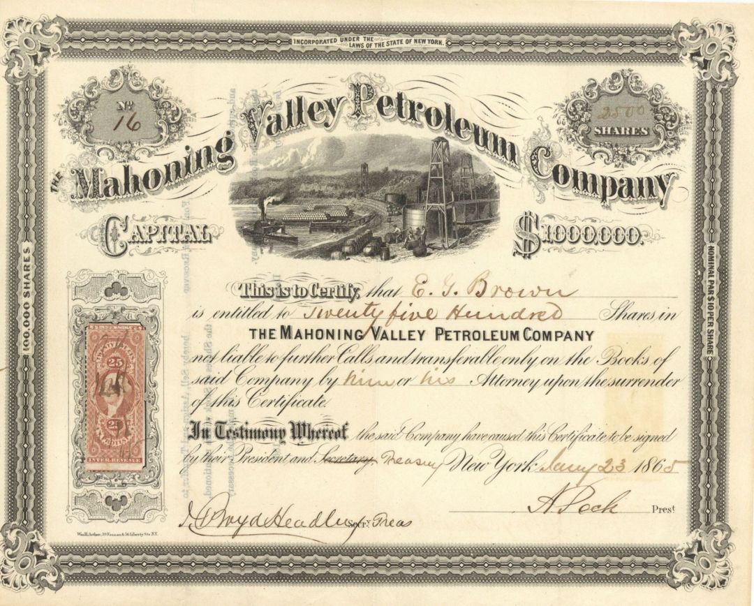 Mahoning Valley Petroleum Co. - 1865 dated Stock Certificate (Uncanceled)