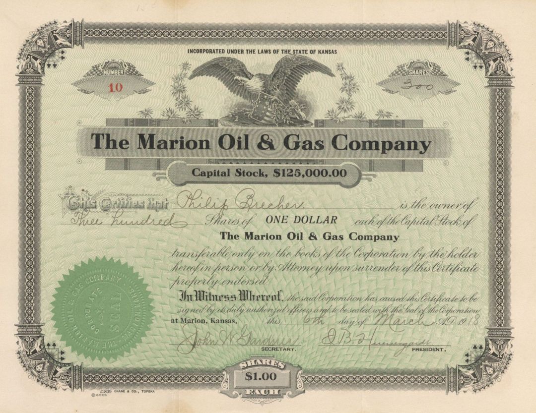 Marion Oil and Gas Co. - 1918 dated Stock Certificate (Uncanceled)