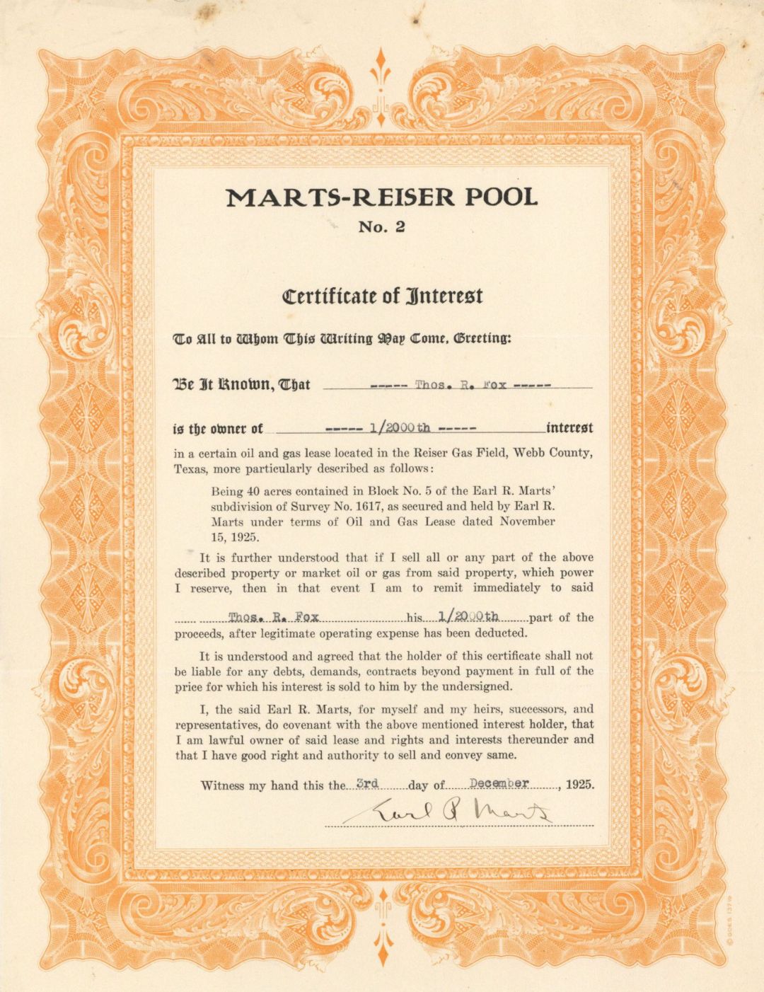 Marts-Reiser Pool No. 2 - 1925 dated Certificate of Interest