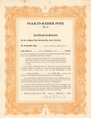 Marts-Reiser Pool No. 2 - 1925 dated Certificate of Interest