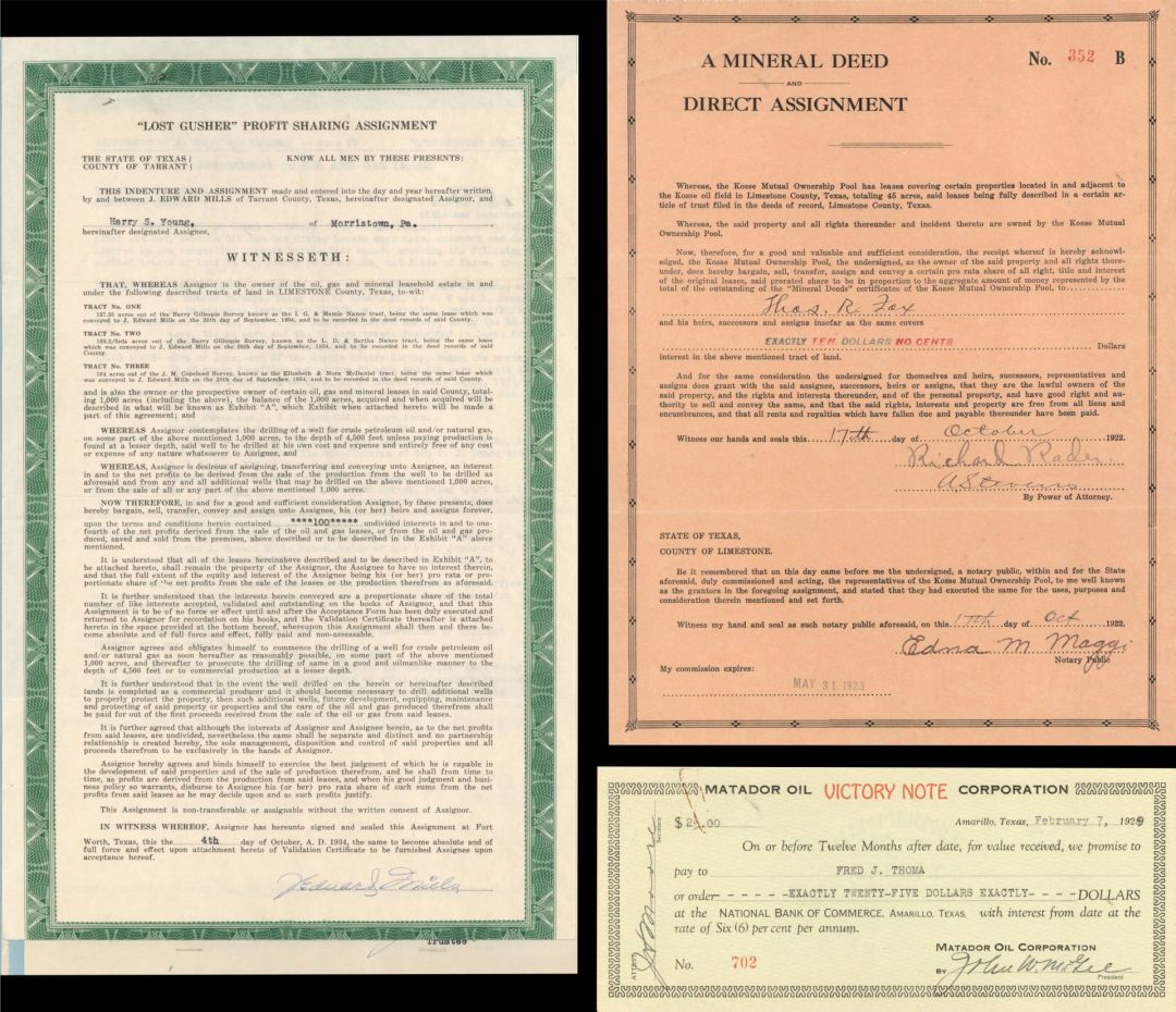 Group of Oil related Documents - 1922, 1929 and 1934 dated