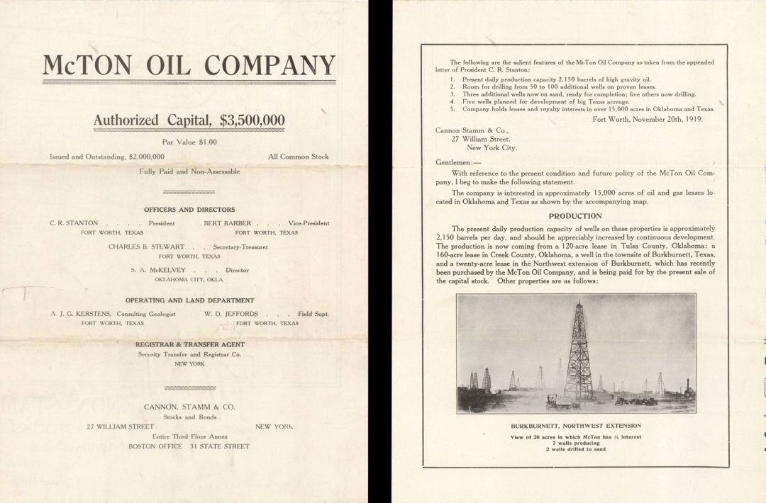 McTon Oil Co. - 1916-1919 dated Stocks and Bonds Brochure