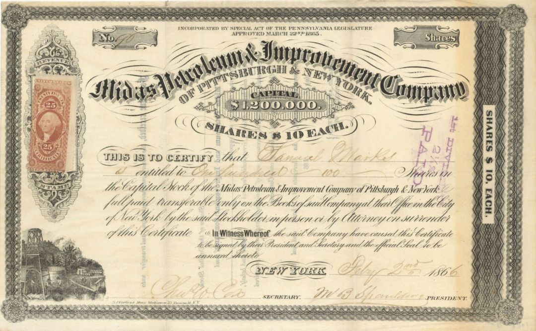 Midas Petroleum and Improvement Co. - 1866 dated Stock Certificate (Uncanceled)