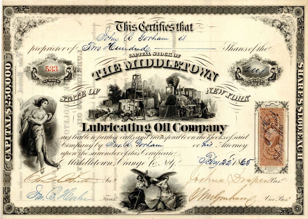 Middletown Lubricating Oil Co. - 1865 dated Stock Certificate (Uncanceled)