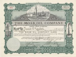 Moab Oil  Co. - 1914 dated Stock Certificate (Uncanceled)