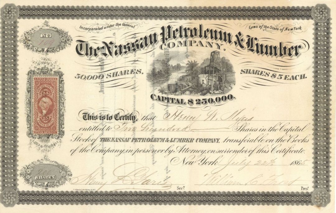 Nassau Petroleum and Lumber Co. - 1865 dated Stock Certificate (Uncanceled)