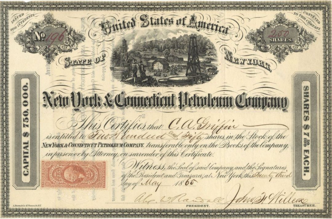 New York and Connecticut Petroleum Co. - 1865 dated Stock Certificate (Uncanceled)