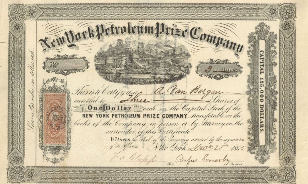 New York Petroleum Prize Co. - 1865 dated Stock Certificate (Uncanceled)