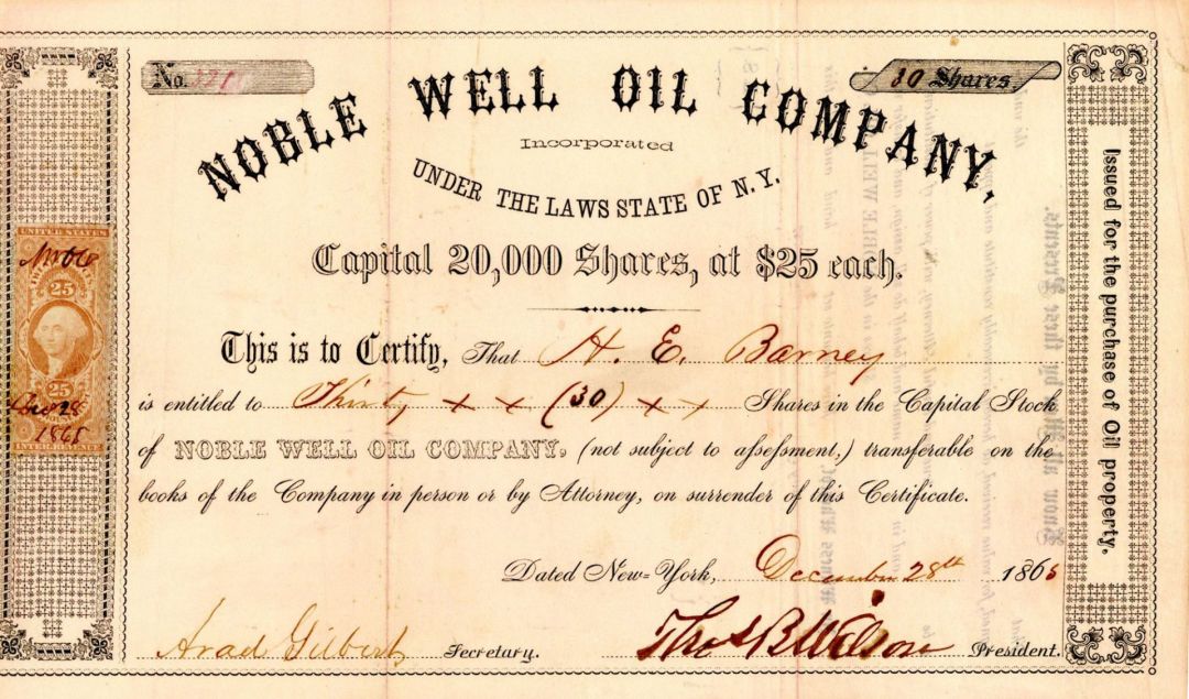 Noble Well Oil Co. - 1865 dated Stock Certificate (Uncanceled)