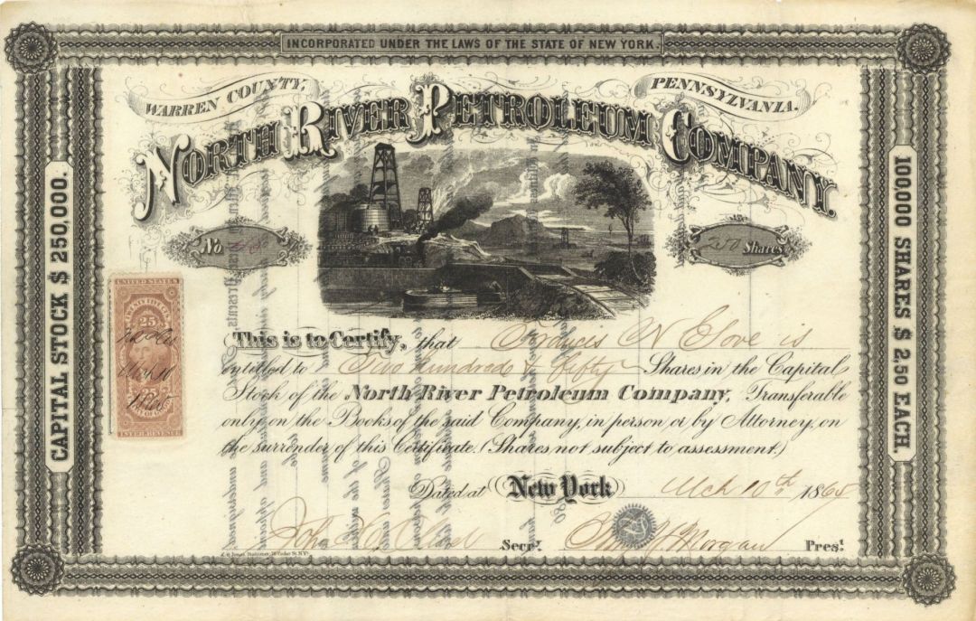 North River Petroleum Co. - 1865 dated Stock Certificate (Uncanceled)