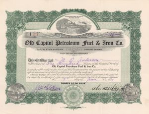 Old Capitol Petroleum Fuel & Iron Co. - 1919 dated Stock Certificate (Uncanceled)