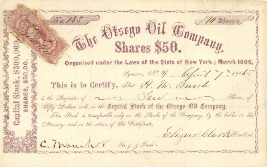 Otsego Oil Co. - 1865 dated Stock Certificate (Uncanceled)