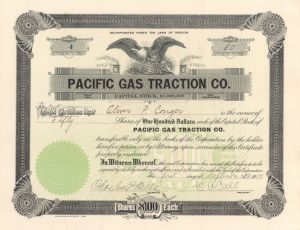 Pacific Gas Traction Co. - 1909 dated Stock Certificate (Uncanceled)