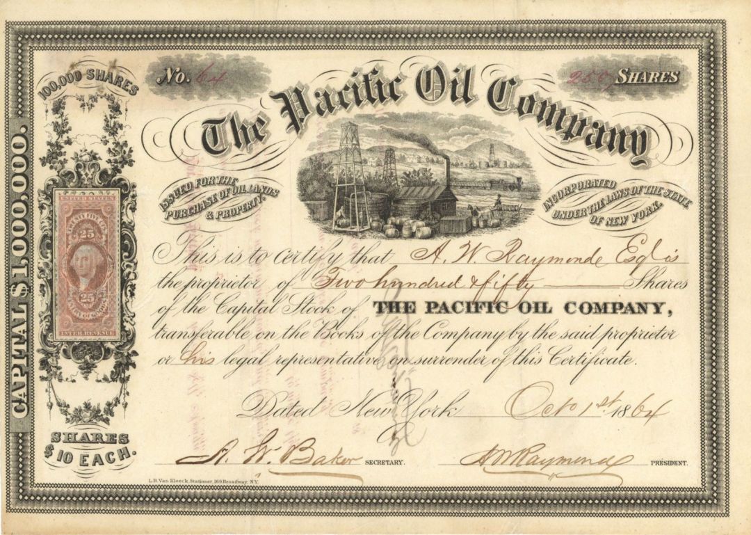 Pacific Oil Co. - 1864 dated Stock Certificate (Uncanceled)