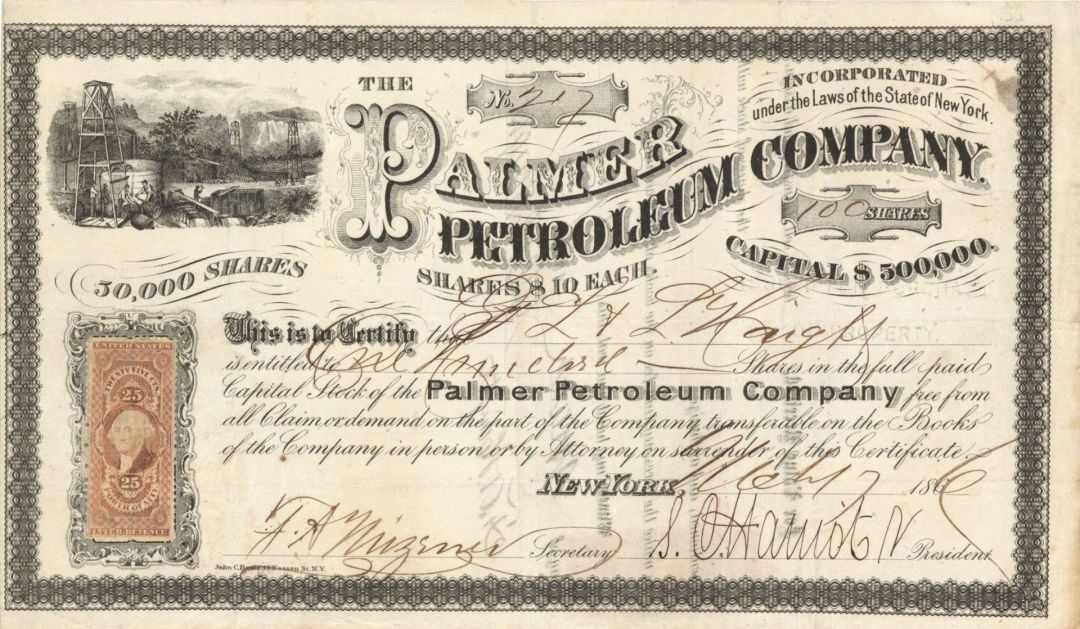 Palmer Petroleum Co. - 1866 dated Stock Certificate (Uncanceled)