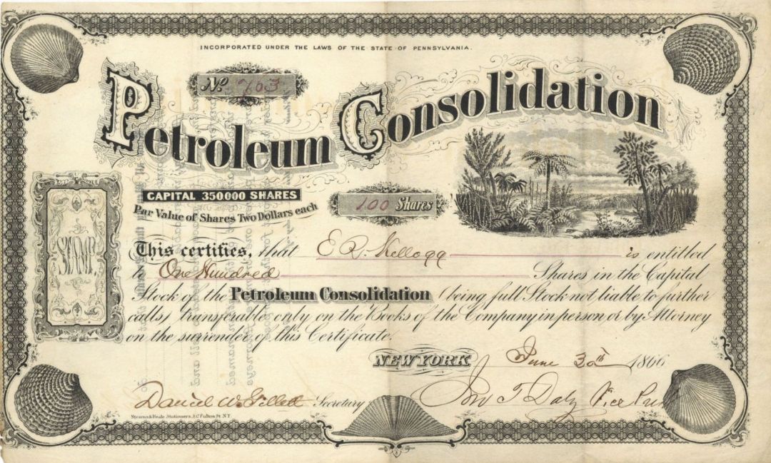  Petroleum Consolidation - 1866 dated Stock Certificate (Uncanceled)