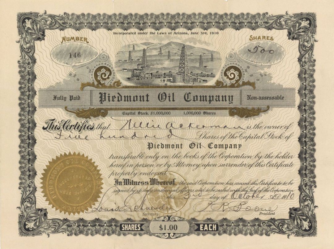 Piedmont Oil Co. - 1910 dated Stock Certificate (Uncanceled)