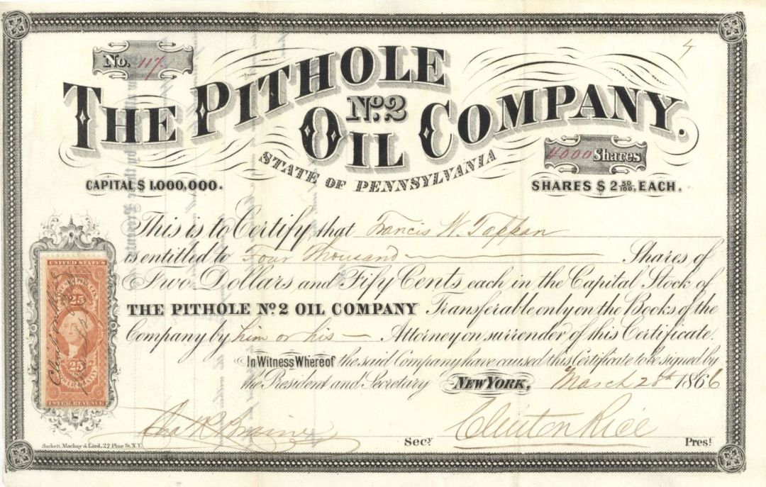 Pithole No.2 Oil Co. - 1866 dated Stock Certificate (Uncanceled)