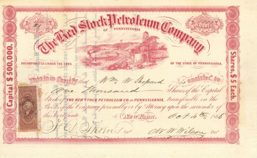 Red Stock Petroleum Co. - 1866 dated Stock Certificate (Uncanceled)