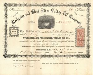 Rochester and West River Valley Oil Co. - 1865 dated Stock Certificate (Uncanceled)