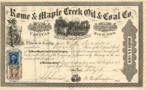 Rome and Maple Creek Oil and Coal Co. - 1865 dated Stock Certificate (Uncanceled)