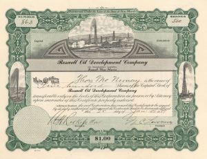 Roswell Oil Development Co. - 1919 dated Stock Certificate (Uncanceled)