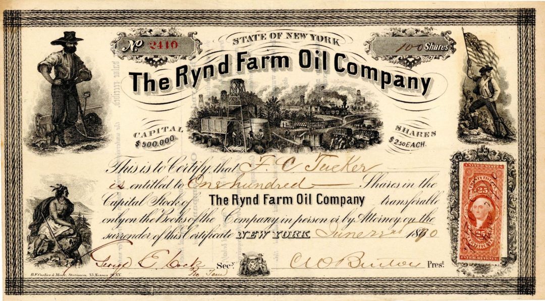 Rynd Farm Oil Co. - 1870 dated Stock Certificate (Uncanceled)