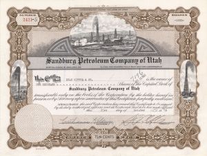 Sandburg Petroleum Company of Utah - 1940's dated Stock Certificate