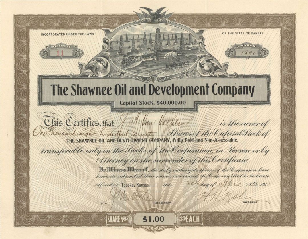 Shawnee Oil and Development Co. - 1918 dated Stock Certificate (Uncanceled)