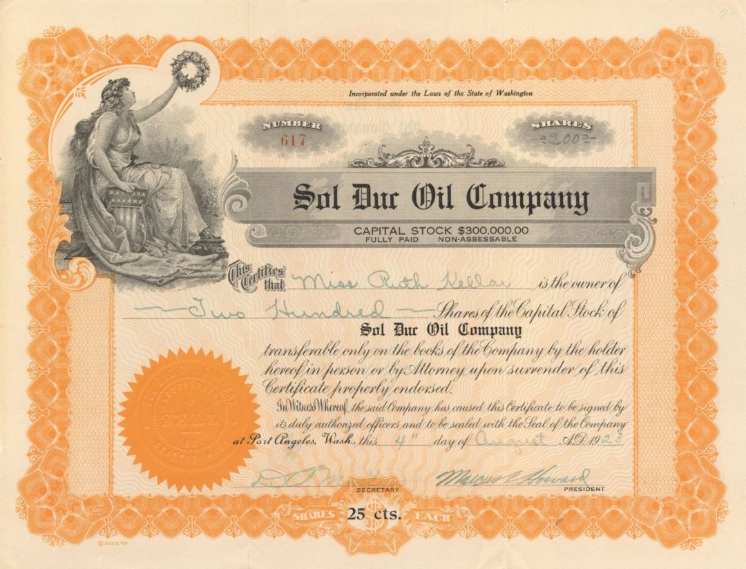 Sol Dur Oil Co. - 1923 dated Stock Certificate (Uncanceled)