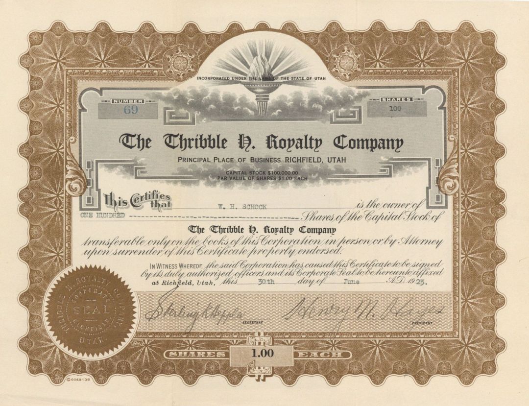 Thribble H. Royalty Co. - 1923 dated Stock Certificate (Uncanceled)