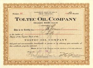 Toltec Oil Co. - 1918 dated Stock Certificate (Uncanceled)