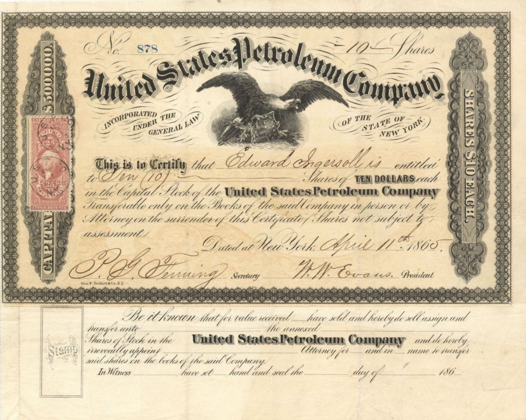 United States Petroleum Co. - 1865 dated Stock Certificate (Uncanceled)