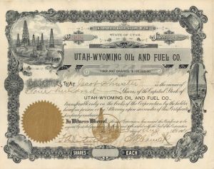 Utah-Wyoming Oil and Fuel Co. - 1902 dated Stock Certificate (Uncanceled)