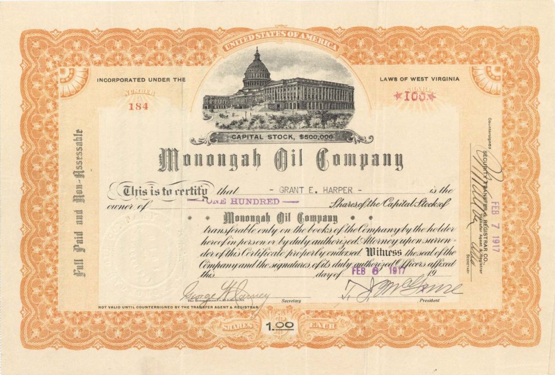 Monongah Oil Co. - 1917 dated West Virginia Stock Certificate