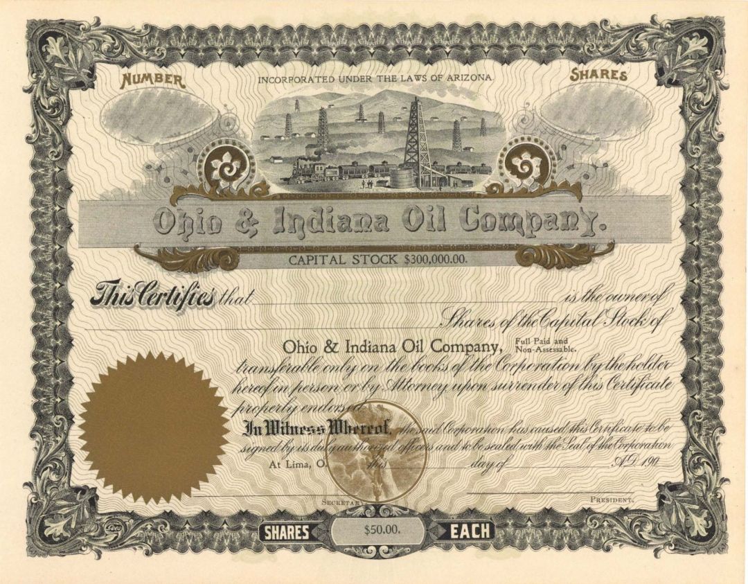 Ohio and Indiana Oil Co. - Unissued Stock Certificate