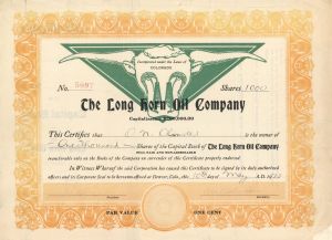 Long Horn Oil Co.  -  1920 dated Stock Certificate