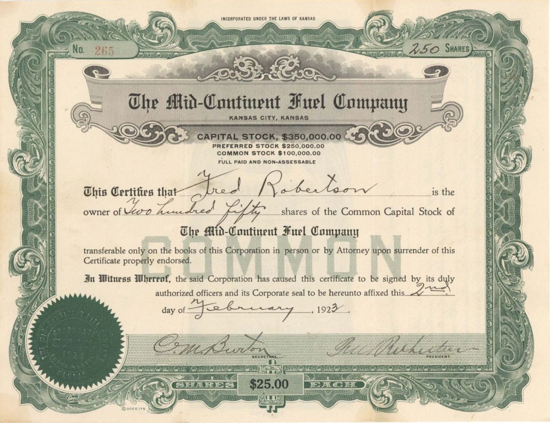 Mid-Continent Fuel Co.  -  1923 dated Stock Certificate