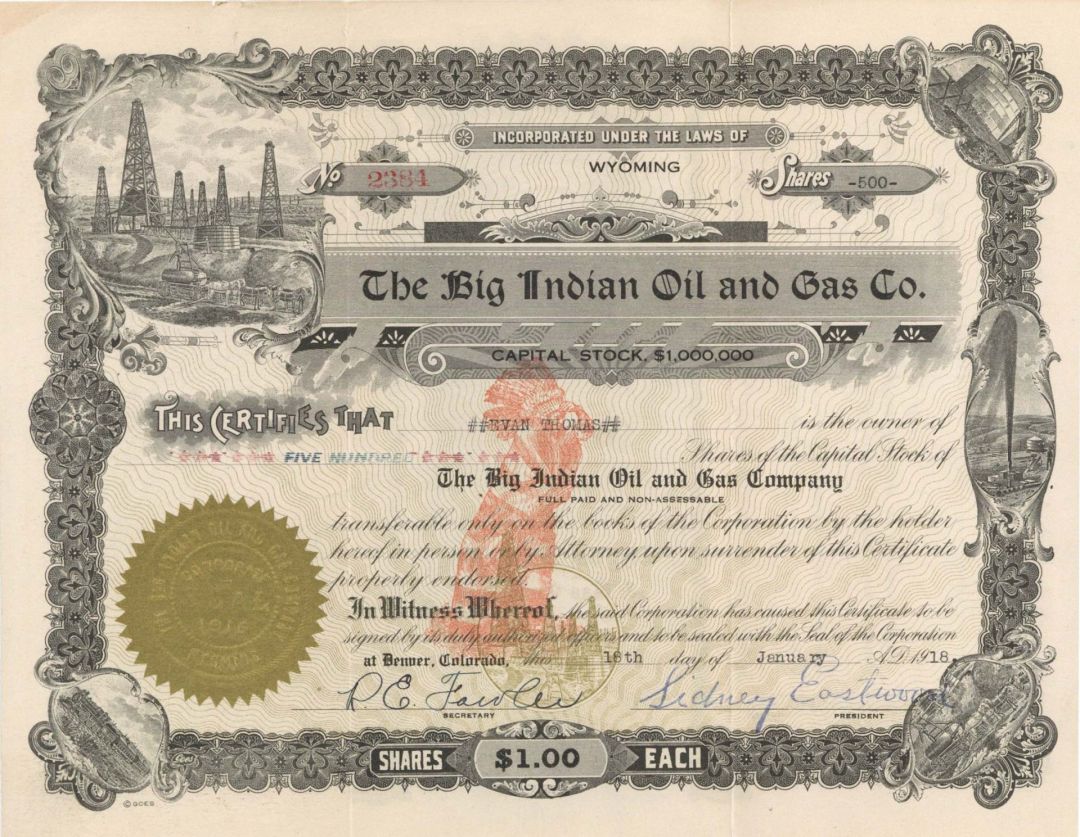 Big Indian Oil and Gas Co. - 1918 dated Stock Certificate